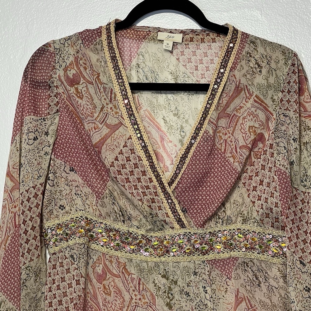 J. Jill Pink Patchwork Pattern Jewel Sheer V-Neck Long Sleeve Blouse Sz M Fairy - Picture 2 of 13